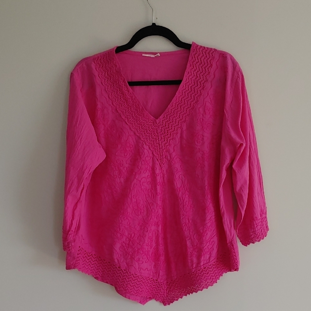 Women's Pink V-Neck Cotton Crochet Embroidered Boho Top